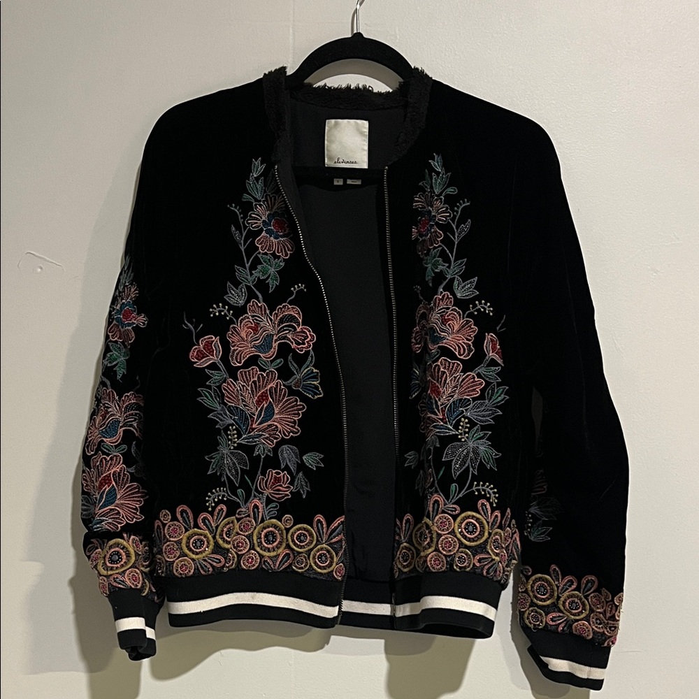 Elevenses Black Bomber Jacket with Floral Embroidery
